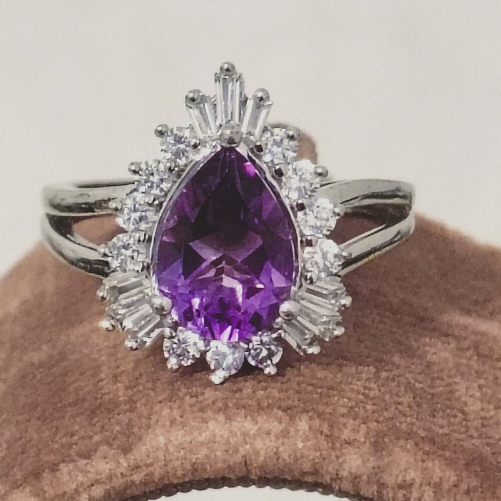 Sterling Silver 925 Purple Amethyst Pear Teardrop Halo Ring Sz 6.75 JWBR Signed